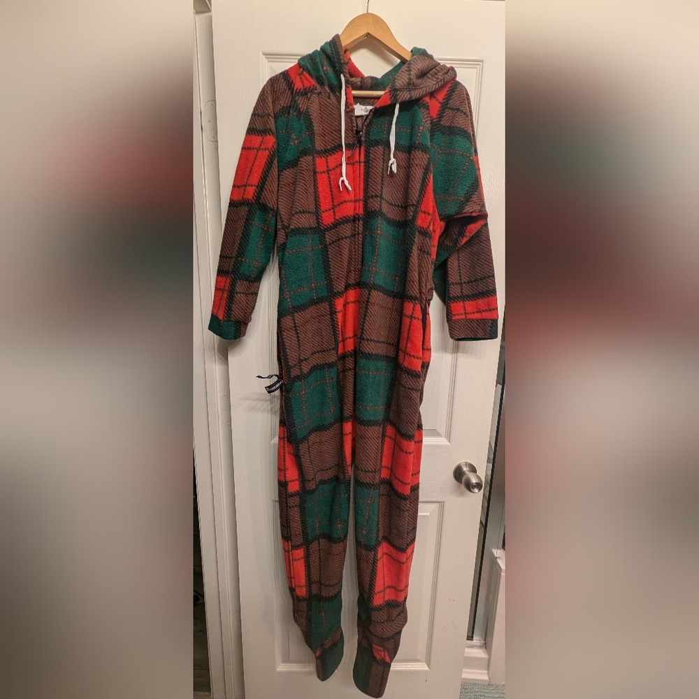 Christmas Onesie Pajamas, Red and Green Plaid with Removable Feet